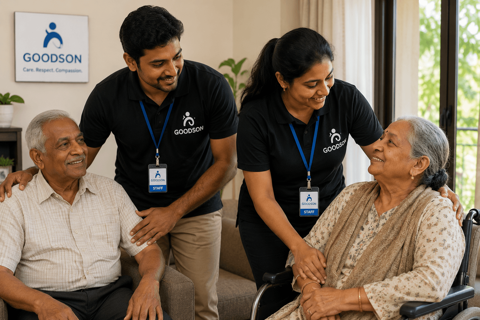 A Goodson caregiver visiting with an elderly couple at home